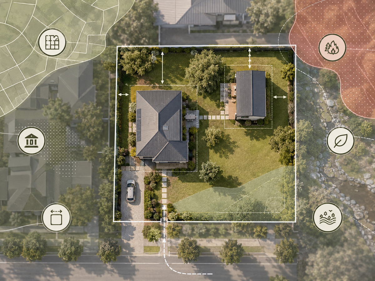 Backyard site review with plans and property access notes