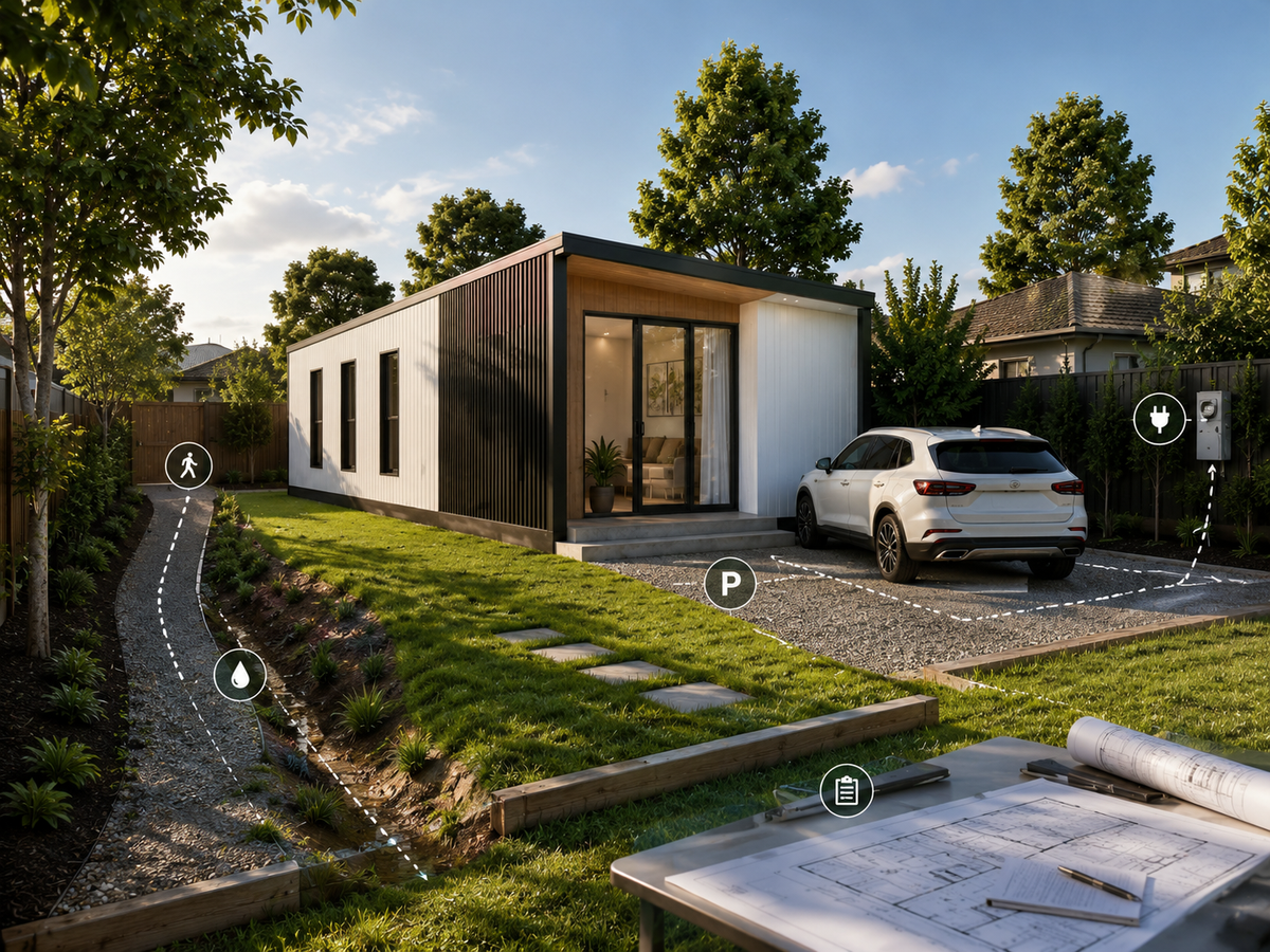 Granny flat exterior with backyard site factors
